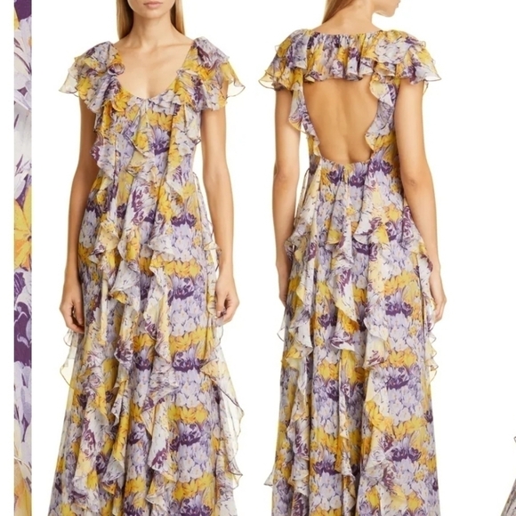 New Flor et. al Valles Floral Silk Chiffon Ruffle Lilac Gown Resort '20 4 US NWT - Picture 8 of 17